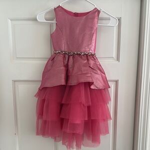 Kids Pink Sparkle Layered Tulle Dress with Beaded Rhinestone Waist
